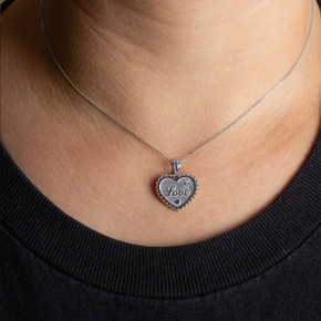 .925 Sterling Silver Beaded Love Heart Flower Pendant Necklace on female model