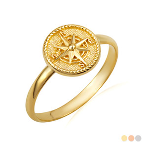 Gold Beaded Compass Medallion Ring