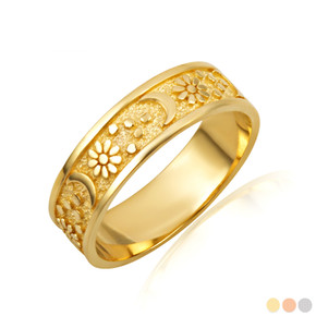 Yellow Gold Moon & Flower Daisy Band Ring