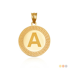 Gold Personalized Letter Initial Greek Key Medallion Pendant