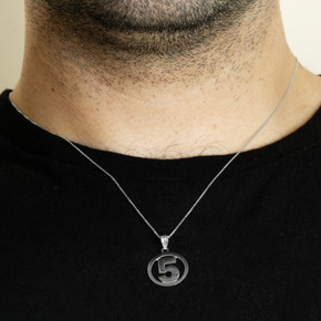 .925 Sterling Silver Personalized Jersey Number Sports Circle Pendant Necklace on male model