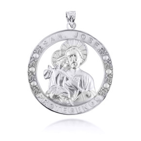 .925 Sterling Silver Religious Saint Joseph CZ Medallion Pendant