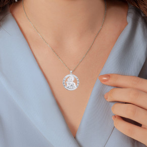 .925 Sterling Silver Religious Saint Joseph CZ Medallion Pendant Necklace on female model