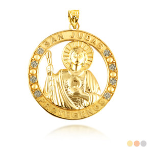Gold Religious Saint Jude CZ Medallion Pendant