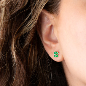 14K Yellow Gold Green Enamel Lucky Four Leaf Clover Stud Earrings on female model