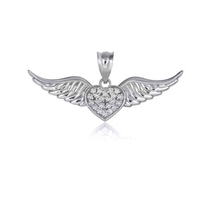 .925 Sterling Silver CZ Studded Winged Angel Heart Pendant