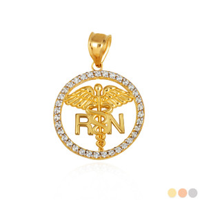 Gold RN Caduceus Registered Nurse Diamond Circle Pendant