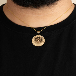 Gold US Army Debossed Coin Pendant Necklace on male model