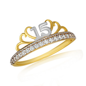 Two Tone CZ Filigree Royal Crown 15 Años Quinceañera Tiara Roped Ring