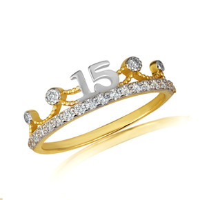 Two Tone Gold CZ Royal Crown 15 Años Quinceañera Beaded Tiara Ring