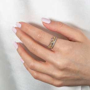 Two-Tone Yellow/White Gold Cubic Zirconia Fleur-de-lis Crown 15 Años Quinceañera Milgrain Ring on female model Two-Tone Yellow/White Gold Cubic Zirconia Fleur-de-lis Crown 15 Años Quinceañera Milgrain Ring on female model