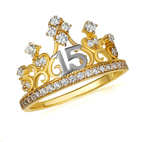 Two-Tone Gold Cubic Zirconia Filigree Crown 15 Años Quinceañera Ring