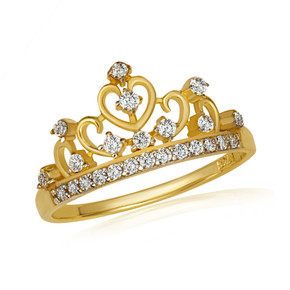 Gold CZ Royal Crown Heart Tiara Ring