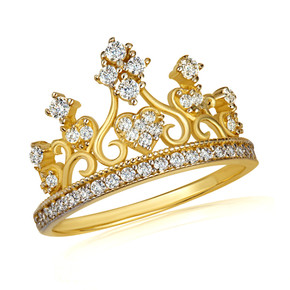 Gold CZ Filigree Royal Crown Tiara Ring