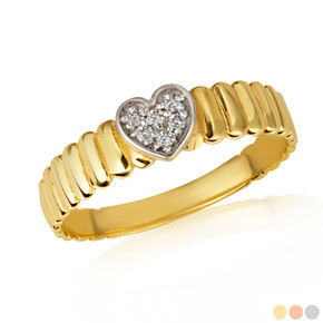 Gold Diamond Heart Studded Ribbed Band Ring