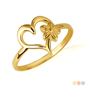 Gold Heart Hawaiian Plumeria Flower Ring