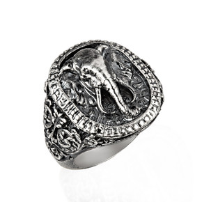 .925 Sterling Silver Lucky Elephant Head Filigree Men's Signet Ring
