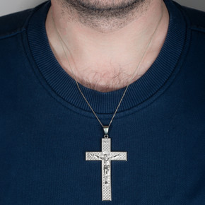 .925 Sterling Silver Checkered Cross Jesus Christ Crucifix Pendant Necklace on male model