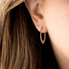 14K Two Tone Reversible Beaded Hoop Earrings on female model