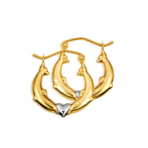 Two-Tone Yellow/White Gold Dolphin Heart Hoop Earrings Two-Tone Yellow/White Gold Dolphin Heart Hoop Earrings