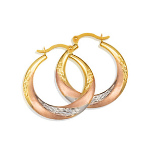 14K Gold Reversible Tri Tone Diamond Cut Striped Hoop Earrings