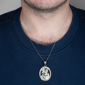 .925 Sterling Silver Oval Saint John The Baptist Pendant Necklace on male model