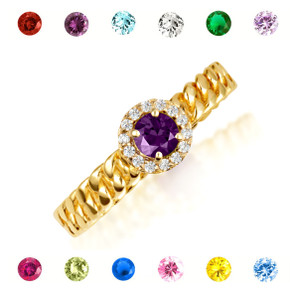 Gold Sideways Round Gemstone & Diamond Halo Cuban Chain Link Ring