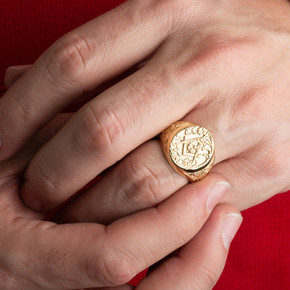 Gold Freemason Square & Compass Oval Signet Filigree Ring on male model