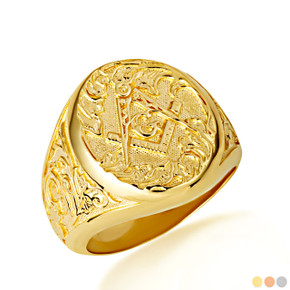 Gold Freemason Square & Compass Oval Signet Filigree Ring