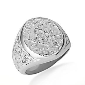 .925 Sterling Silver Freemason Square & Compass Oval Signet Filigree Ring