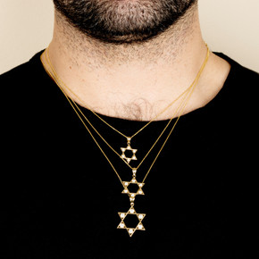 Yellow Gold Lab Grown Diamond Jewish Star of David Pendant Necklace small medium and large on male model