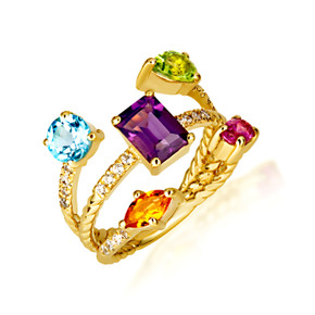 Gold Pear Cut Double Gemstone Roped Band Ring