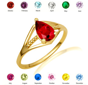 Gold Pear Cut Beaded Cubic Zirconia Birthstone Ring