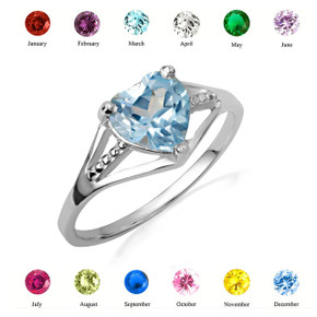 .925 Sterling Silver Heart Beaded Cubic Zirconia Birthstone Love Ring