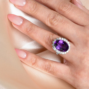 .925 Sterling Silver Oval Gemstone Halo Ring on female model