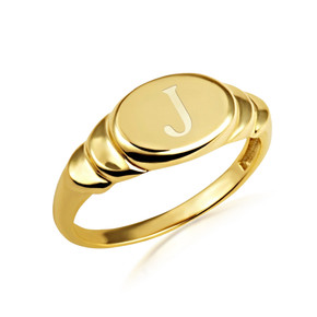 Gold Ribbed Oval Engravable Signet Ring (Available in Yellow/Rose/White Gold)