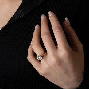 14K Gold Lab Grown Diamond Halo Engagement Band Ring Set on female model