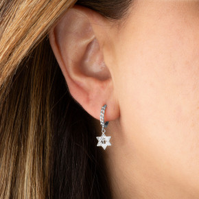 .925 Sterling Silver Jewish Chai Star Of David Cuban Link Huggie Hoop Earrings on female model