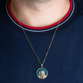 Gold Enamel Virgin Mother Mary Medallion Pendant Necklace on male model