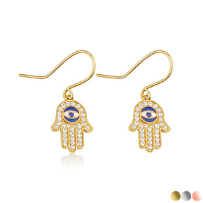 14K Gold Enamel Diamond Studded Hamsa Hand Evil Eye Of Protection Leverback Earrings