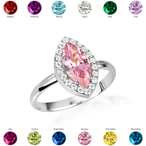 .925 Sterling Silver Marquise Cut Birthstone Halo Ring