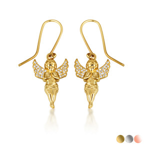 Gold Cherub Angel Diamond Wings Dangle Earrings