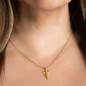 14K Gold Cherub Angel Diamond Wings Pendant Necklace on female model