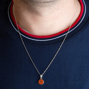 Silver Enamel Basketball Necklace on male model Silver Enamel Basketball Necklace on male model