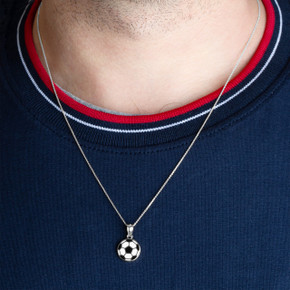 Silver Enamel Soccer Ball Necklace on male model Silver Enamel Soccer Ball Necklace on male model