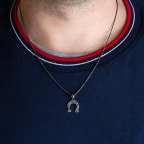 925 Sterling Silver Lucky Horseshoe Oxidized Small Charm Pendant Necklace on male model