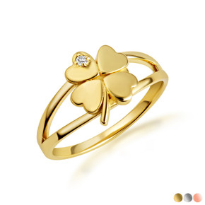 Gold Lucky 4 Leaf Clover Diamond Gemstone Ring