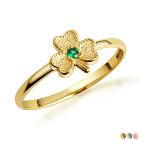 Gold Lucky 3 Leaf Clover Natural Emerald Gemstone Ring