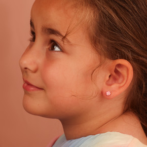 Yellow Gold Enamel Heart Flower Baby Stud Earrings on model