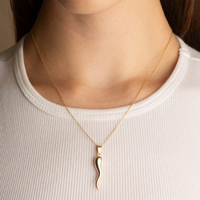 14K Yellow Gold Cornicello Italian Horn Necklace on female model